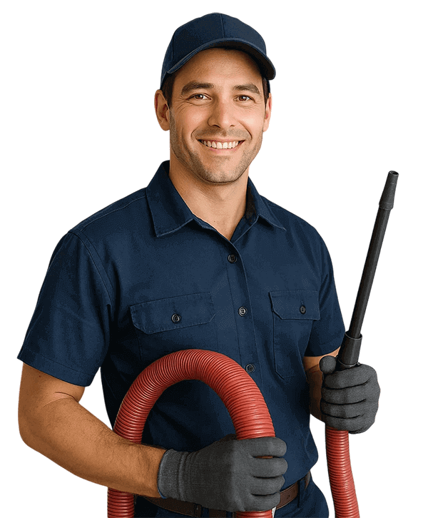 Friendswood TX Air Ducts Cleaning technician holding HVAC tools and smiling
