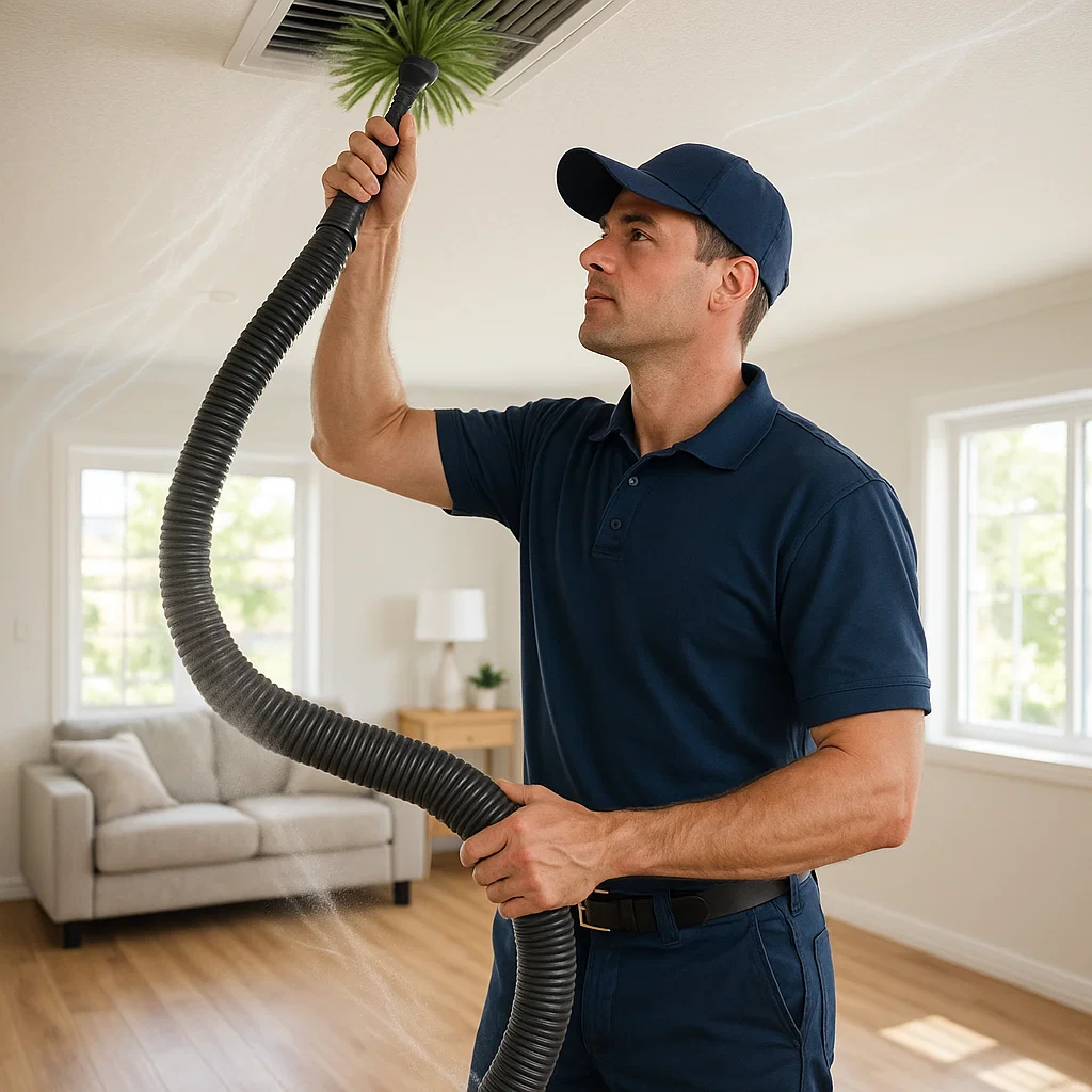 Friendswood TX air duct cleaning technician using advanced vacuum tools for deep vent cleaning and improved airflow