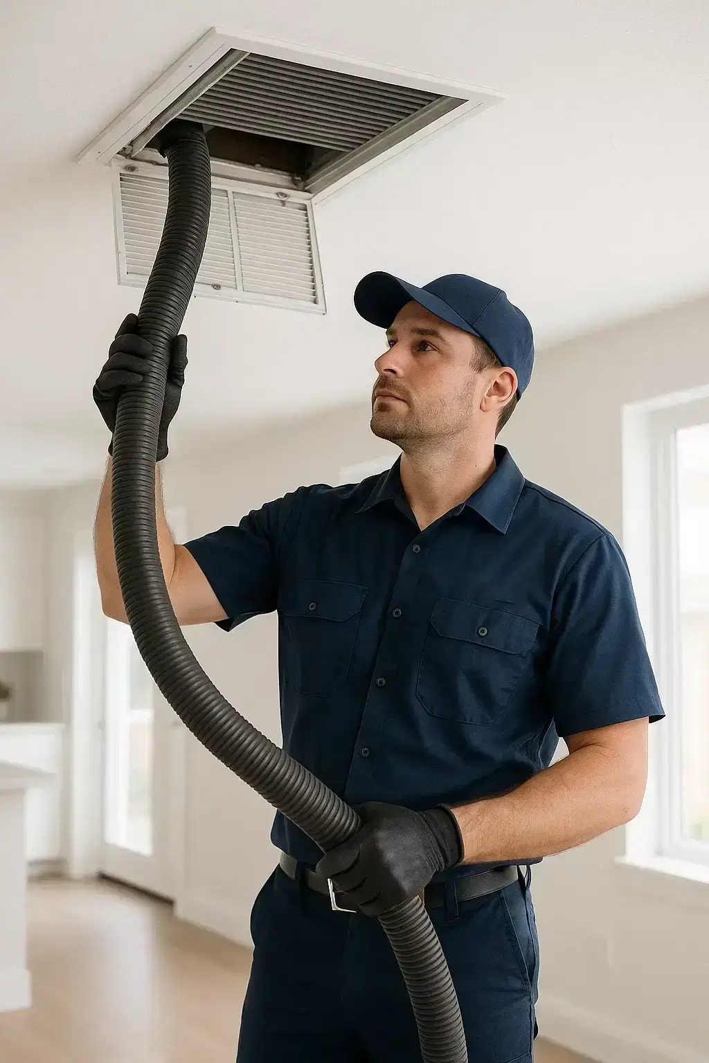 Professional Friendswood TX Air Ducts Cleaning  technician cleaning an air vent inside a bright modern home
